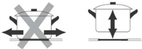Diagram showing cooking pots with crossed arrows indicating heating or cooling conditions, alongside a separate diagram of a pot with bidirectional arrows.