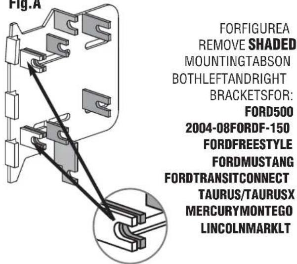 Fig.A FORFIGUREA REMOVE SHADED MOUNTINGTABSON BOTHLEFTANDRIGHT BRACKETSFOR: FORD500 2004-08FORDF-150 FORDFREESTYLE FORDMUSTANG FORDTRANSITCONNECT TAURUS/TAURUSX MERCURYMONTEGO LINCOLNMARKLT