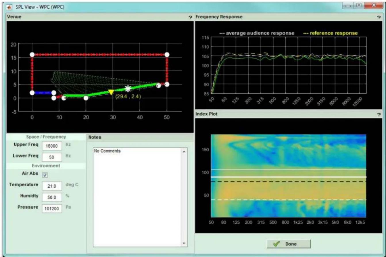 SPL View - WPC (WPC) Venue Frequency Response -- average audience response reference response (29.4, 2.4) Index Plot Space / Frequency Upper Freq 16000 Hz Lower Freq 50 Hz Environment Air Abs ✓ Temperature 21.0 deg C Humidity 50.0 % Pressure 101200 Pa Notes No Comments Done