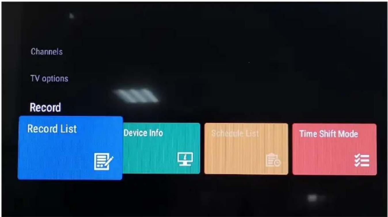Channels TV options Record Record List Device Info Schedule List Time Shift Mode