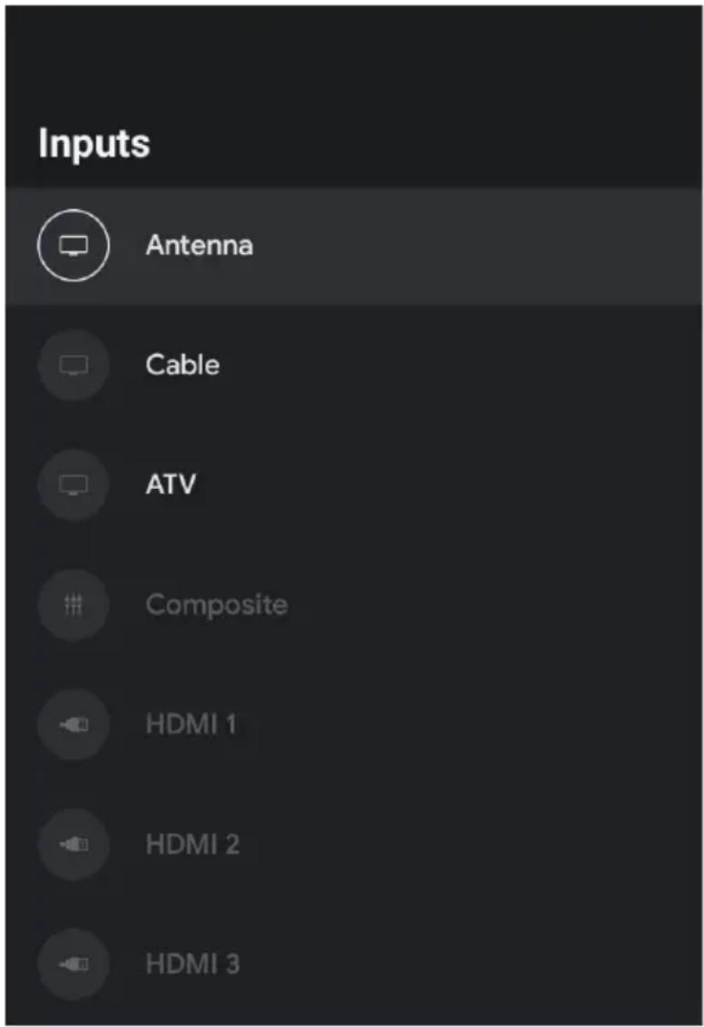 Inputs Antenna Cable ATV Composite HDMI 1 HDMI 2 HDMI 3