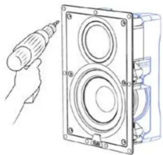 Line drawing of a hand using a drill to install a speaker into a device (no text or symbols present)
