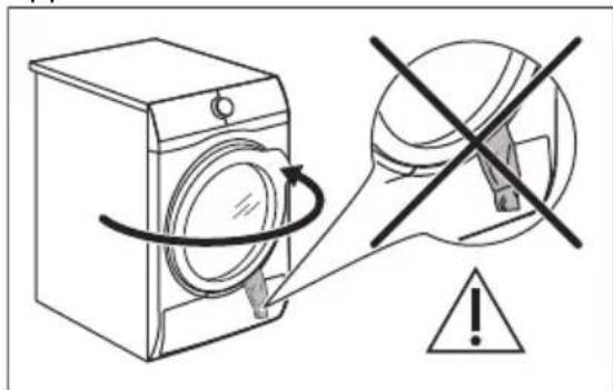 Diagram showing a washing machine with a circular component and warning symbol, indicating mechanical or electrical hazard.
