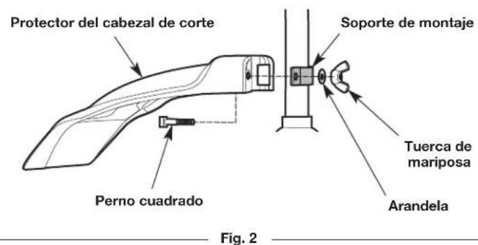 Protector del cabezal de corte Soporte de montaje Perno cuadrado Tuerca de mariposa Arandela Fig. 2