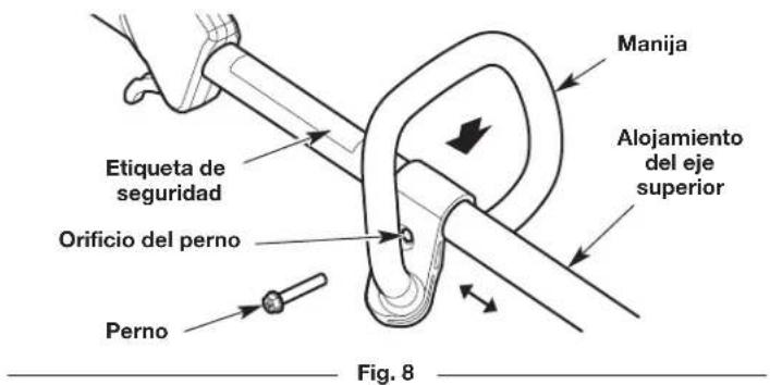 Manija Alojamiento del eje superior Etiqueta de seguridad Orificio del perno Perno Fig. 8
