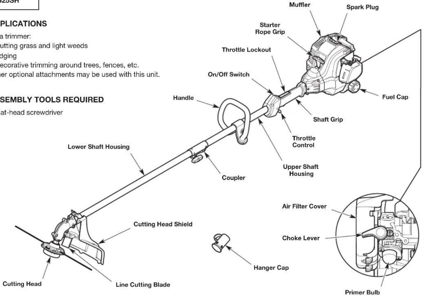 APPLICATIONS a trimmer: cutting grass and light weeds dging decorative trimming around trees, fences, etc. ther optional attachments may be used with this unit. SEMBLY TOOLS REQUIRED at-head screwdriver Cutting Head Line Cutting Blade Cutting Head Shield Cutting Head Lower Shaft Housing Handle Coupler On/Off Switch Starter Rope Grip Throttle Lockout Handle Handle Upper Shaft Housing Throttle Control Handle Handle Muffler Spark Plug Fuel Cap Shaft Grip Hanger Cap Air Filter Cover Choke Lever Primer Bulb