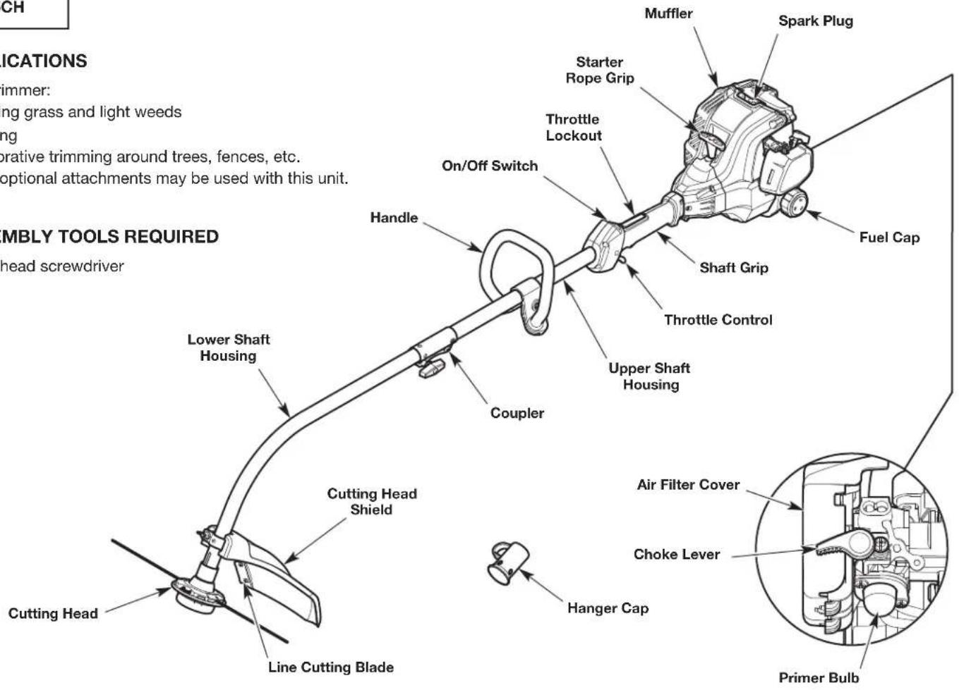 RICH IFICATIONS Simmer: ing grass and light weeds ing orative trimming around trees, fences, etc. optional attachments may be used with this unit. UMBLY TOOLS REQUIRED head screwdriver Lower Shaft Housing Cutting Head Shield Line Cutting Blade Handle Coupler On/Off Switch Starter Rope Grip Throttle Lockout Handle Upper Shaft Housing Throttle Control Shaft Grip Fuel Cap Muffler Spark Plug Air Filter Cover Choke Lever Hanger Cap Primer Bulb