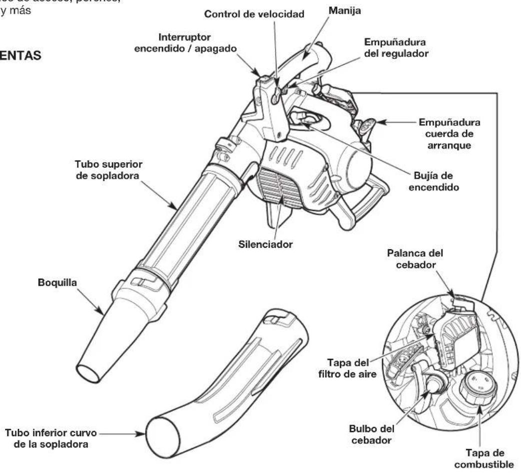 Control de velocidad Manija Interruptor encendido / apagado Empuñadura del regulador Tubo superior de sopladora Silenciador Bujía de encendido Empuñadura cuerda de arranque Palanca del cebador Boquilla Tapa del filtro de aire Tuba inferior curvo de la sopladora Bulbo del cebador Tapa de combustible