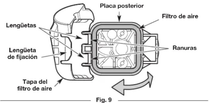Placa posterior Filtro de aire Lengüetas Lengüeta de fijación Ranuras Tapa del filtro de aire Fig. 9