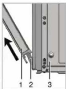 Technical diagram showing a mechanical assembly with numbered components and an arrow indicating direction