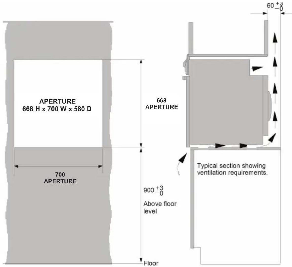 APERTURE 668 H x 700 W x 580 D 700 APERTURE 668 APERTURE 900 +3 -0 Above floor level Floor Typical section showing ventilation requirements. 60 +3 -0