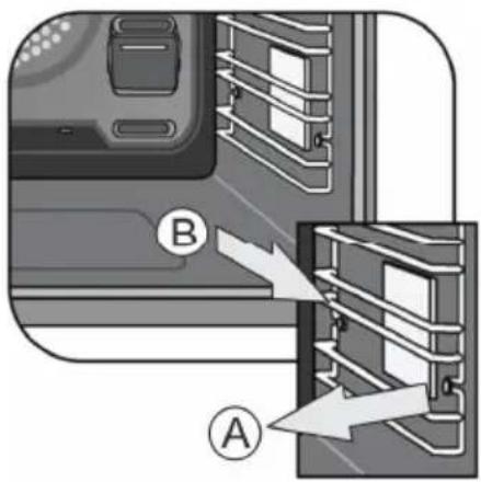 Diagram showing a device with labeled components A and B, indicating directional movement or assembly.