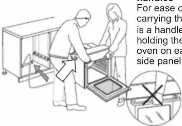For ease of carrying the is a handle holding the oven on ea side panel.