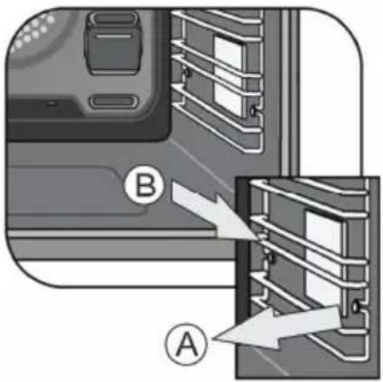 Diagram showing a device with labeled components A and B, indicating directional or flow direction of a component.