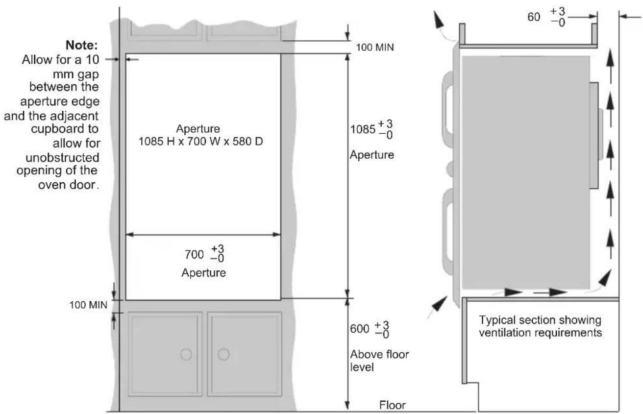 Note: Allow for a 10 mm gap between the aperture edge and the adjacent cupboard to allow for unobstructed opening of the oven door. Aperture 1085 H x 700 W x 580 D 100 MIN 1085 +3 -0 Aperture 700 +3 -0 Aperture 100 MIN 600 +3 -0 Above floor level Floor Typical section showing ventilation requirements