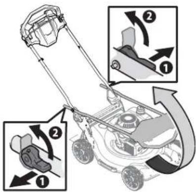 Diagram of a lawn mower with labeled parts and directional arrows indicating motion or assembly steps