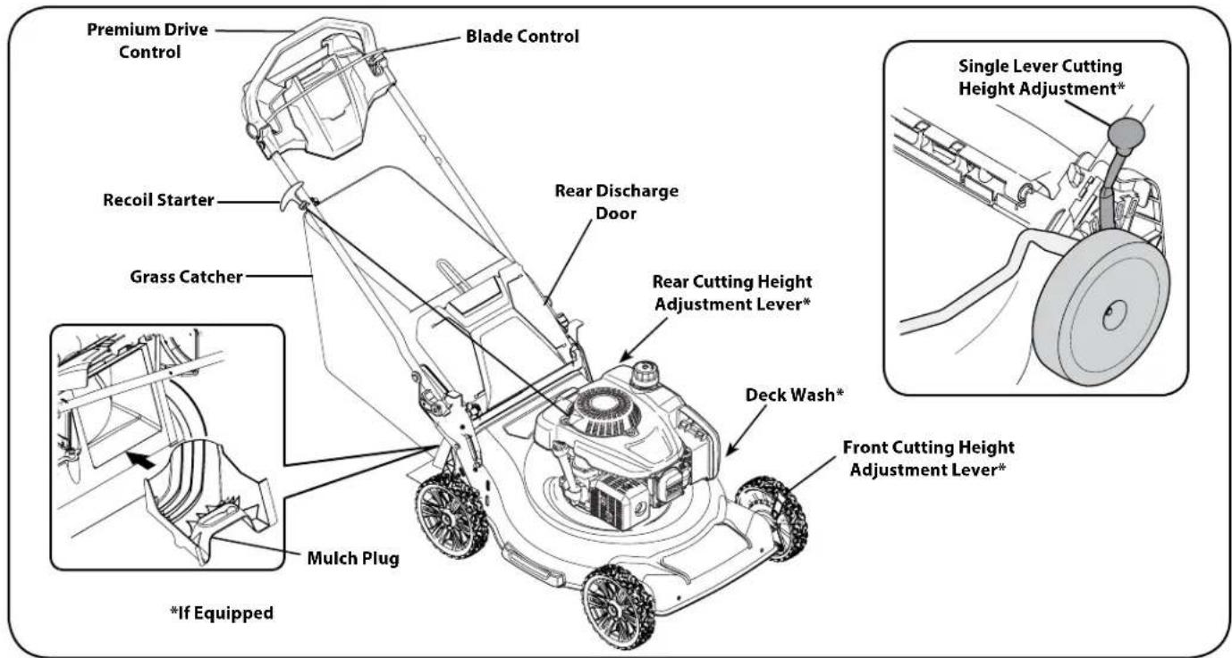 Premium Drive Control Blade Control Recoil Starter Grass Catcher Rear Discharge Door Rear Cutting Height Adjustment Lever* Deck Wash* *If Equipped Mulch Plug Single Lever Cutting Height Adjustment* Front Cutting Height Adjustment Lever*