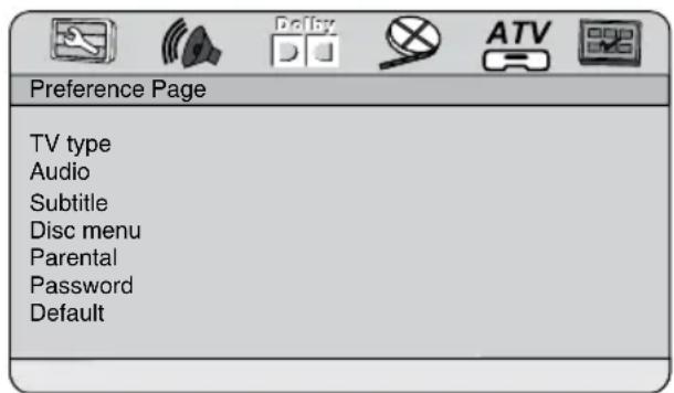 Preference Page TV type Audio Subtitle Disc menu Parental Password Default