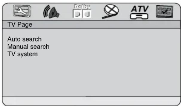 TV Page Auto search Manual search TV system
