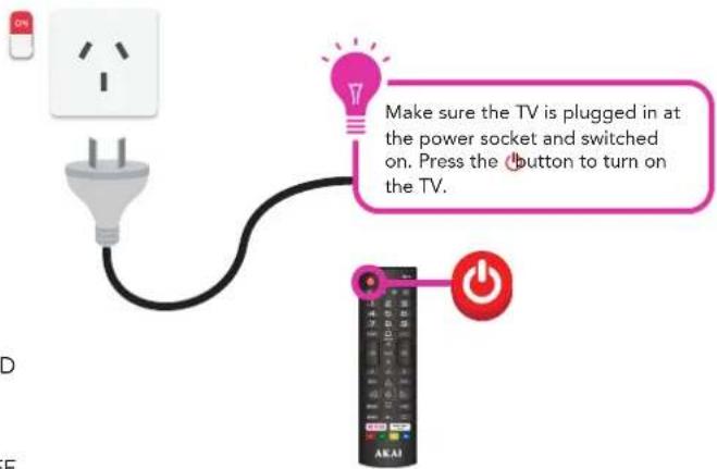 Make sure the TV is plugged in at the power socket and switched on. Press the button to turn on the TV.
