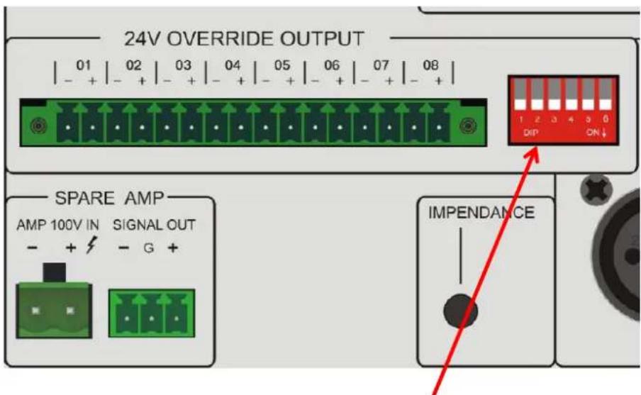 24V OVERRIDE OUTPUT 01 02 03 04 05 06 07 08 - + - + - + - + - + - + SPARE AMP AMP 100V IN SIGNAL OUT - + - G + IMPENDANCE
