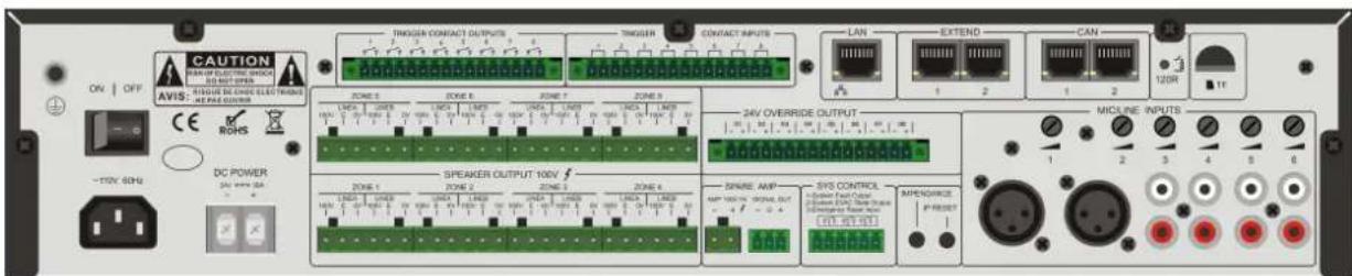 CAUTION RISK OF ELECTRIC SWITCH DO NOT OPEN AVIS: RISK OF ELECTRIC SWITCH HE PEAS COVER ON | OFF CE ROHS -10V 60Hz DC POWER 3V max. 5A ZONE 1 ZONE 2 ZONE 3 ZONE 4 SPEAKER OUTPUT 100V ZONE 1 ZONE 2 ZONE 3 ZONE 4 TICKER CONTACT OUTPUTS TICKER CONTACT INPUTS TICKER CONTACT OUTPUTS LAN EXTEND CAN 120V 1 2 1 2 MICLINE INPUTS 1 2 3 4 5 6 SINARE AMP AMP 100V/300V OUT SYS CONTROL Circuit Break Cutout Circuit Break Cutout Circuit Break Cutout Circuit Break Cutout APMENDANCE P RESET
