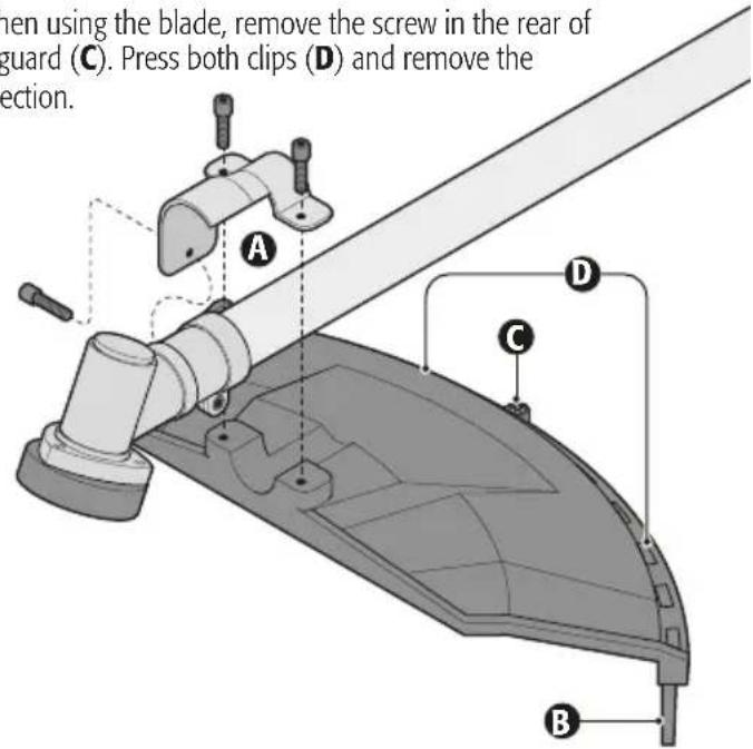 When using the blade, remove the screw in the rear of guard (C). Press both clips (D) and remove the section. A B C D