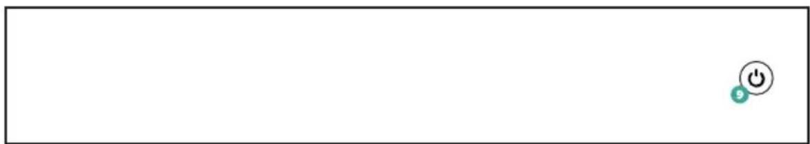 Blank white rectangle with a small green power button icon in the bottom-right corner (no text or symbols)