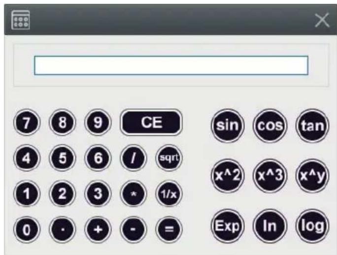 7 8 9 CE 4 5 6 / sqrt 1 2 3 * 1/x 0 - + - = sin cos tan x^2 x^3 x^y Exp In log