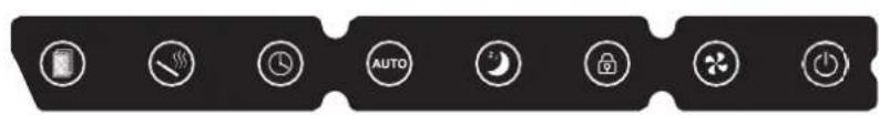 Black tab with eight white icons representing different functions or settings: phone, alarm, clock, AUTO, moon, camera, fan, and power.