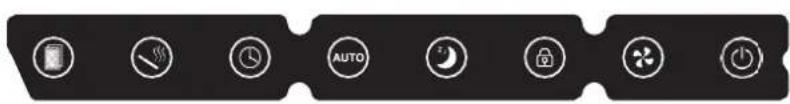 Black tab with white icons representing function buttons including phone, refresh, timer, auto, moon, lock, fan, and power.
