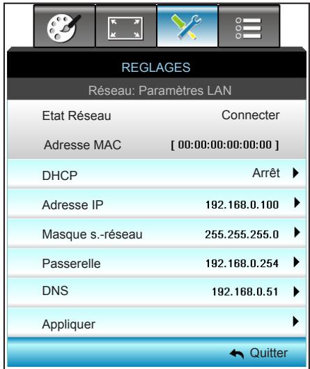OPTOMA EH319UST - REGLAGES | Réseau | Paramètres LAN - 1