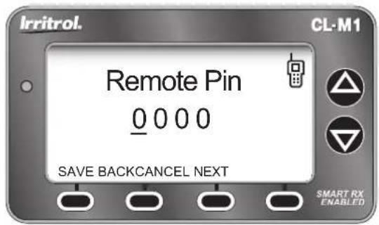 Irritrol. Remote Pin 0 0 0 0 SAVE BACKCANCEL NEXT CL-M1 SMART RX ENABLED