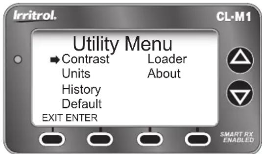 Irritrol. Utility Menu ► Contrast Loader Units About History Default EXIT ENTER SMART RX ENABLED CL-M1