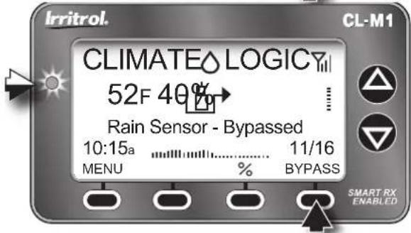 Irritrol. CL-M1 CLIMATE LOGICY 52F 40% Rain Sensor - Bypassed 10:15a 11/16 MENU % BYPASS SMART RX ENABLED