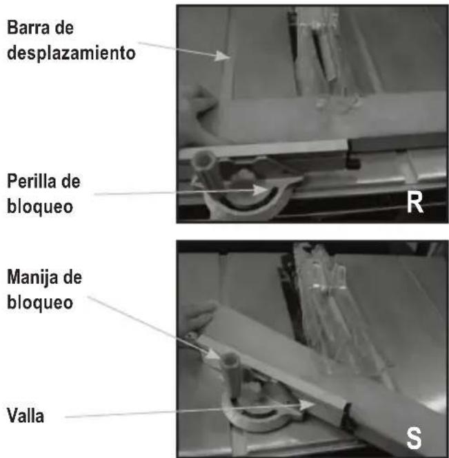 Barra de desplazamiento Perilla de bloqueo R Manija de bloqueo Valla S