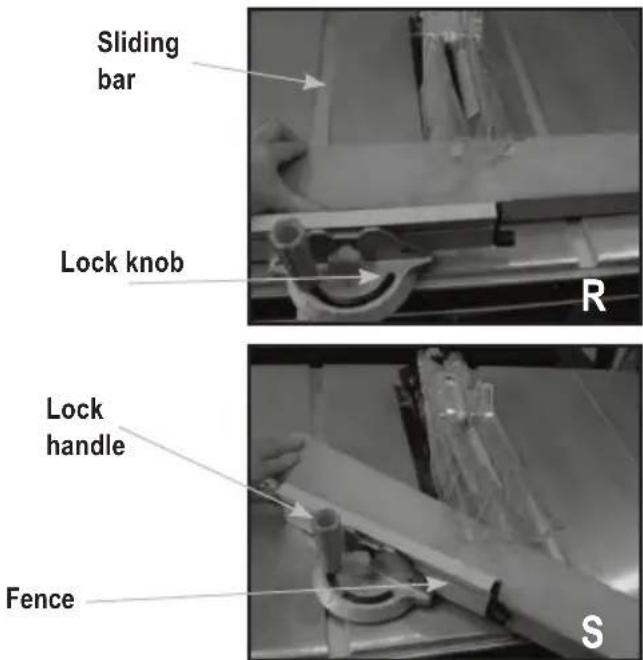 Sliding bar Lock knob R Lock handle Fence S