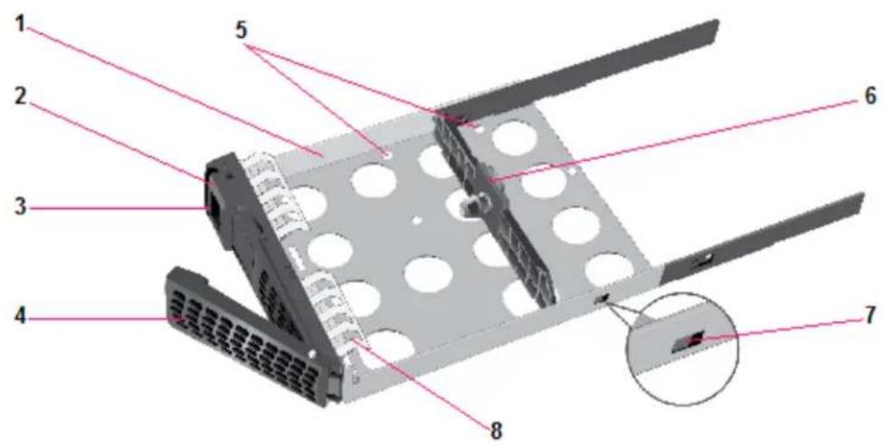 Labeled diagram of a computer drive chassis showing numbered components and a magnified inset view.