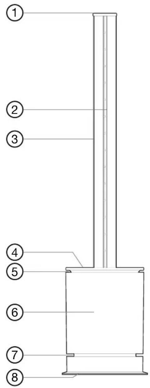 Technical diagram of a vertical cylindrical device with numbered components labeled 1 through 8.