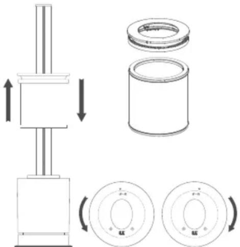 Technical diagram showing mechanical assembly with labeled components and rotation arrows