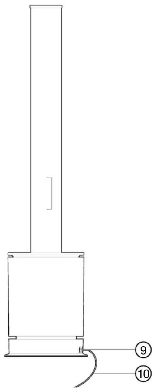 Technical diagram of a vertical cylindrical component with labeled parts 9 and 10, showing internal structure and connection points.