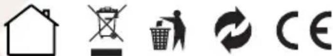 Image displaying five symbols: a house icon, a crossed-out bin, a trash can, a recycling symbol, and a CE license.