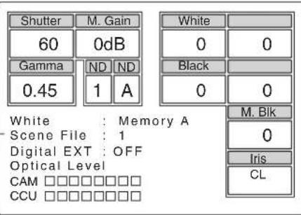 Shutter M. Gain 60 0dB Gamma ND ND 0.45 1 A White 0 0 Black 0 0 M. Blk 0 Iris CL White : Memory A Scene File : 1 Digital EXT : OFF Optical Level CAM □□□□□□□□ CCU □□□□□□□□