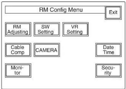 graph TD A["RM Config Menu"] --> B["Exit"] A --> C["RM Adjusting"] A --> D["SW Setting"] A --> E["VR Setting"] C --> F["Cable Comp"] D --> G["CAMERA"] E --> H["Date Time"] F --> I["Monitor"] G --> J["Security"]