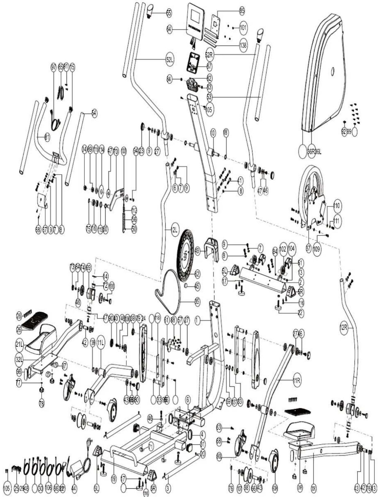 Exploded view diagram of a stationary exercise machine with numbered parts and labeled components