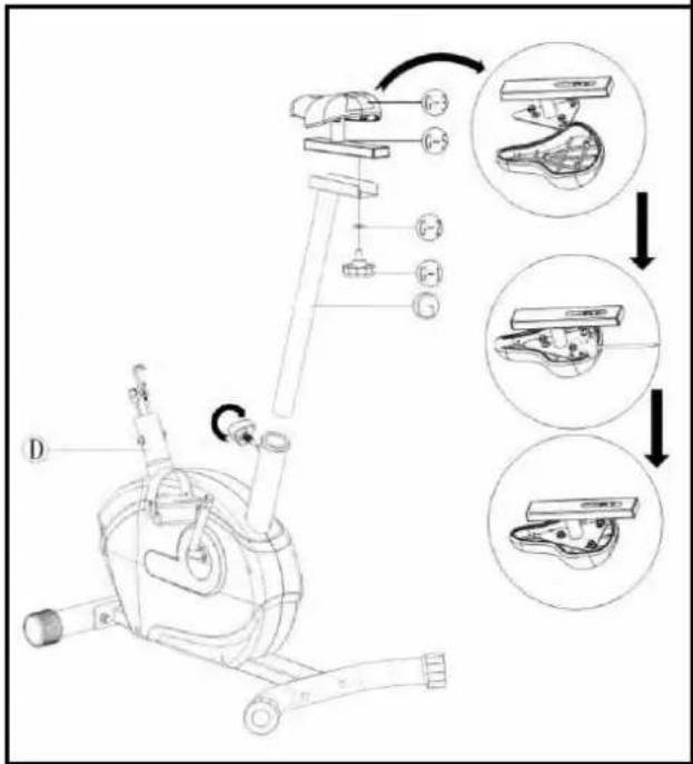 Technical diagram of a mechanical assembly with labeled parts and three progressive views showing internal components.