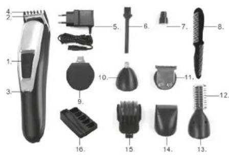 Labeled diagram of hair styling tools with numbered parts for identification