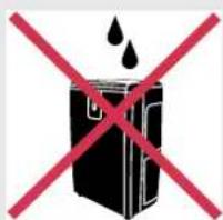 Warning sign with red prohibition crossed over a black box containing water droplets and falling drops