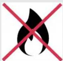 Warning symbol with flame and red X mark, indicating no fire or smoke hazard