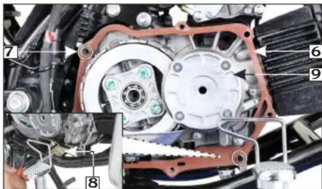 Labeled mechanical assembly diagram showing components 6, 7, 8, and 9 with numbered parts and a close-up inset view of the gear mechanism.